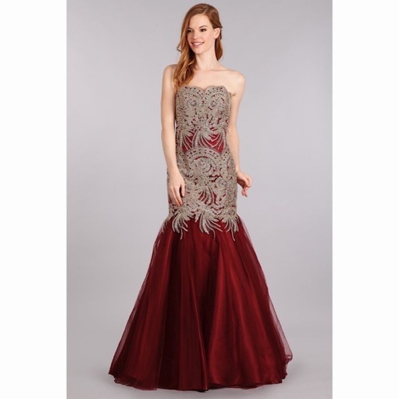 STRAPLESS Burgundy Gold Lace Mermaid Dress 1697 - Picture 1 of 7